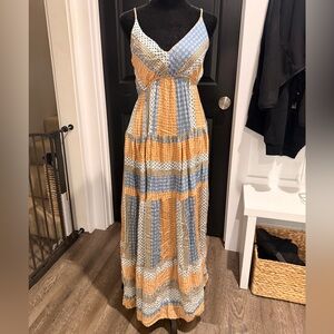 Elegant Patchwork Maxi Dress in Blue and Orange